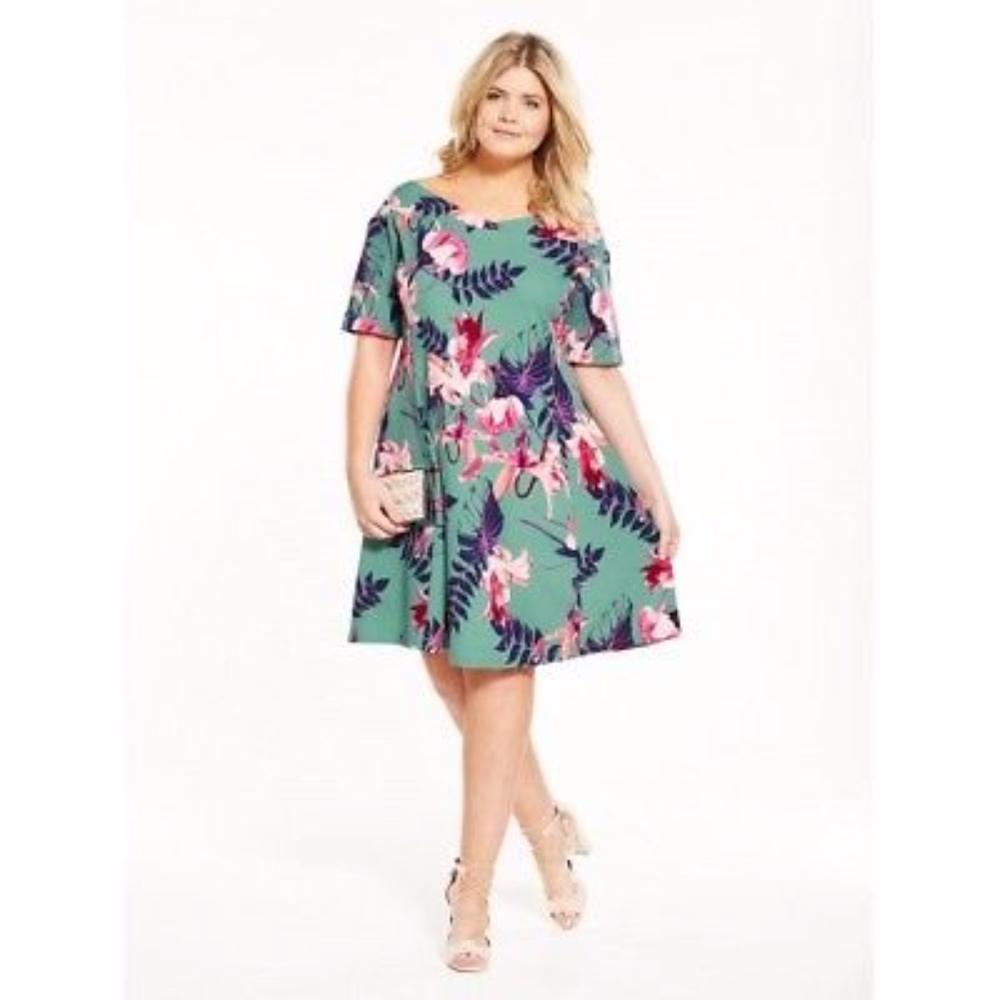 Junarose Green Floral Skater Short Sleeve Dress 3X